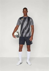 Pelēka un melna svītrainā futbolbikses, šorti un baltas zeķes. Uzvalkā Kappa logo zeltītā krāsā. Tur pamatīgas melnbaltas futbolbumbas.