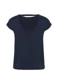Marineblå T-shirt med korte ærmer, rund hals, blød tekstur og subtil glans. Afslappet pasform med lige kant.