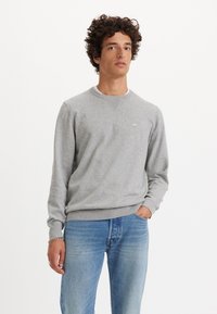Gray sweatshirt made of cotton blend, crew neck, ribbed cuffs and hem, features small logo on chest, paired with light blue denim jeans.