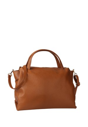 Sac à main en cuir marron texturé avec poignées supérieures et bandoulière amovible, forme rectangulaire avec quincaillerie dorée.