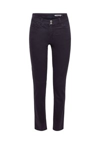 Pantalones de corte slim en azul marino oscuro, confeccionados en mezcla de algodón, con cierre de cremallera y botón, bolsillos frontales y una textura suave.