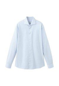 Svetlomodrá košeľa s dlhým rukávom na gombíky, vyrobená z hladkej látky, s ostrým golierom a bežným zapínaním na šesť gombíkov.