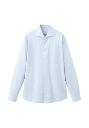 Light blue long-sleeve button-up shirt made of a smooth fabric, featuring a pointed collar and a regular button front with six buttons.