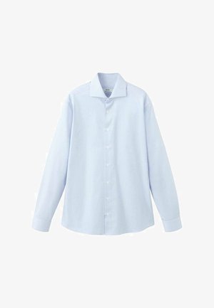 Light blue long-sleeve button-up shirt made of a smooth fabric, featuring a pointed collar and a regular button front with six buttons.