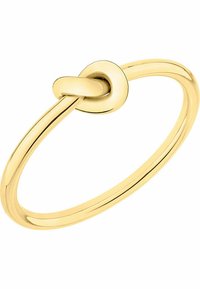 Gouden ring met een glad, gepolijst oppervlak met een knoopontwerp aan de bovenkant. Eenvoudige, ronde vorm met een dunne band en geen extra versieringen.