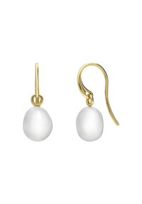 Gouden haakoorbellen met onregelmatige witte pareldruppels, die een gladde, glanzende textuur en een delicate kromming in het ontwerp hebben.