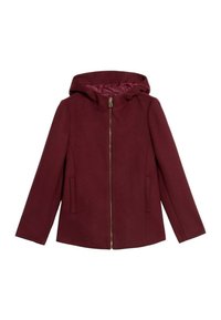 Giacca con cappuccio color bordeaux con zip dorata, dotata di maniche lunghe, due tasche laterali e una superficie liscia e testurizzata. L'interno presenta un colore a contrasto.