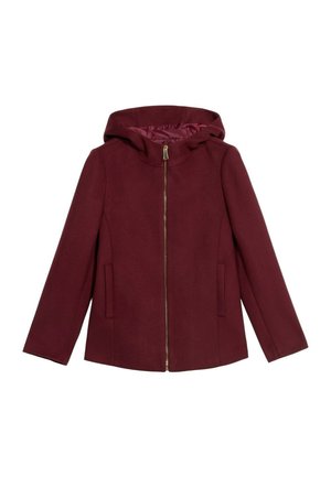 Bordeaux hoodie met een gouden rits, voorzien van lange mouwen, twee zijzakken en een glad, gestructureerd oppervlak. Het interieur heeft een contrasterende kleur.