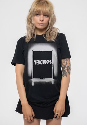 Black cotton t-shirt featuring a large graphic of a door with white accent text. The shirt has a relaxed fit and short sleeves.