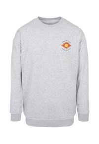Gray sweatshirt made of cotton blend, featuring a crew neckline, long sleeves, and a circular orange sun graphic on the left chest.