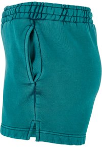 Teal shorts made of soft fabric, featuring an elastic waistband, side pocket, and a small slit at the hem for ease of movement.