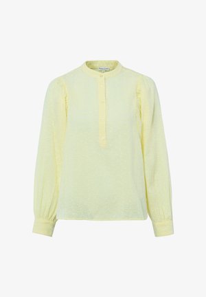 Geel blouse met lange mouwen, geborduurd met een bloemenpatroon, knoopsluiting, ronde kraag en gerimpelde manchetten.