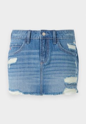 Fustă mini din denim de culoare albastru deschis, cu un finisaj uzat. Prezintă o margine desfăcută, zone decolorate și mai multe găuri. Închidere cu buton în față și buzunare.