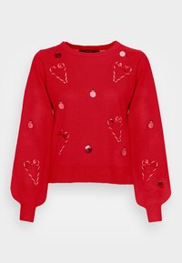 Rode gebreide trui met lange mouwen, versierd met hart- en ornamentdetails in roze en metallic draad, met een ronde halslijn.