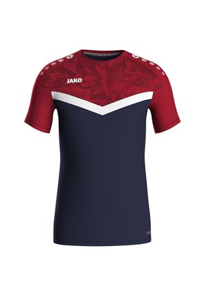 T-shirt de sport à manches courtes avec un haut géométrique rouge et des accents blancs, un corps bleu marine et le logo JAKO sur la poitrine et l'épaule.