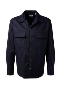 Marineblaue Hemdbluse aus einem glatten Stoff, mit zwei Brusttaschen, einem klassischen Kragen und langen Ärmeln.