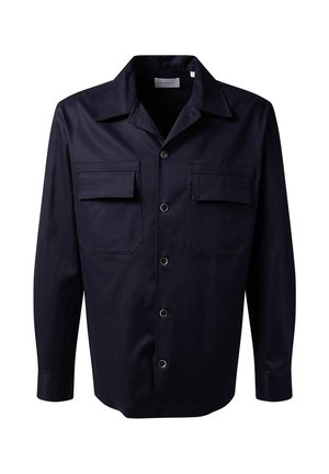 Marineblaue Hemdbluse aus einem glatten Stoff, mit zwei Brusttaschen, einem klassischen Kragen und langen Ärmeln.