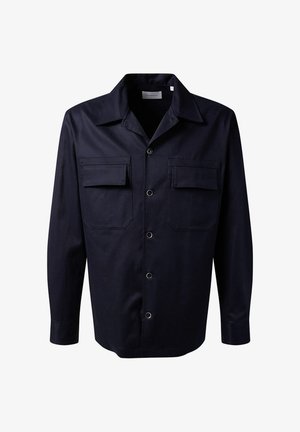Navy button-up shirt made of fabric with a smooth texture, featuring two chest pockets, a classic collar, and long sleeves.