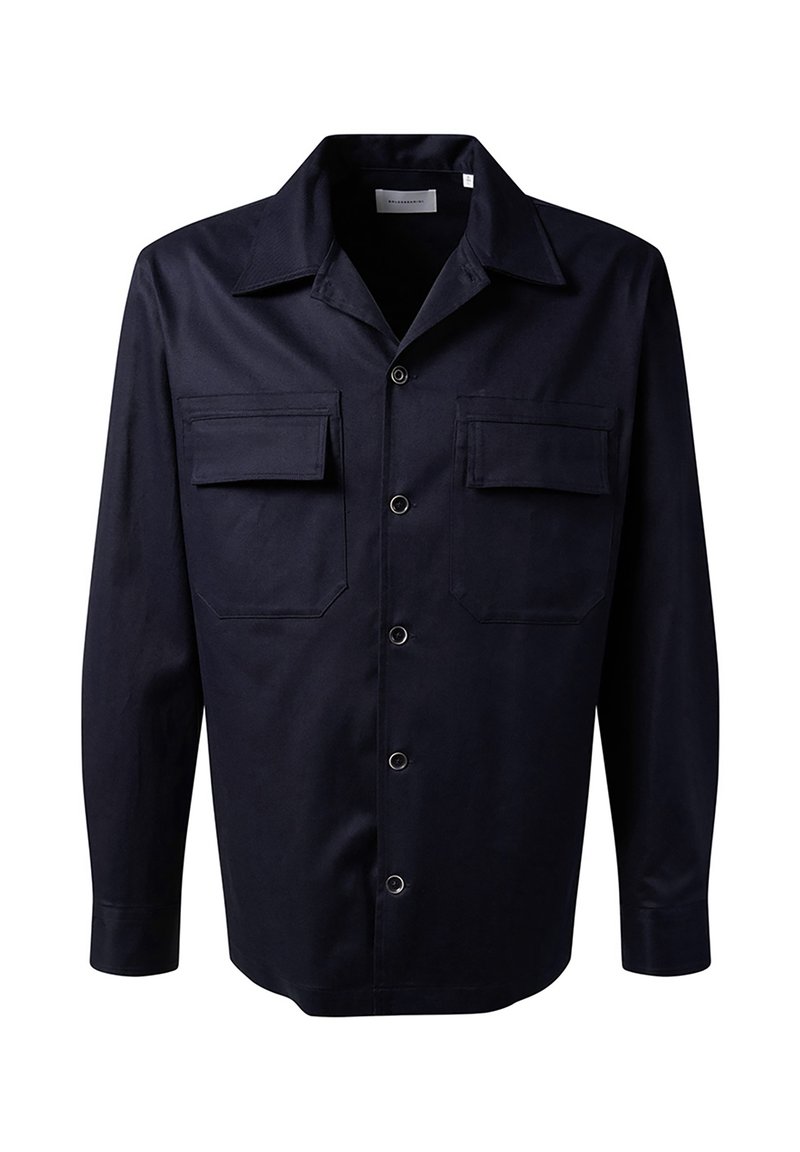 Marineblaue Hemdbluse aus einem glatten Stoff, mit zwei Brusttaschen, einem klassischen Kragen und langen Ärmeln.