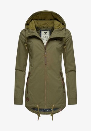 Olivgrüne Jacke mit Kapuze, Reißverschluss vorne, verstellbare Kordel am Saum, zwei Seitentaschen und gemusterter Innenfutter.