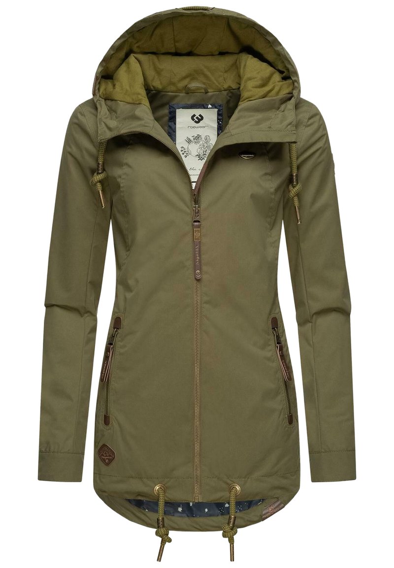 Oliwkowa kurtka z kapturem, zapinana na zamek, z regulowanym sznurkiem na dole, dwiema bocznymi kieszeniami i wzorzystą podszewką.