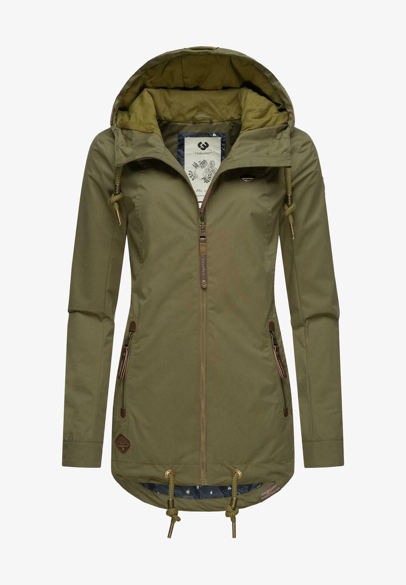 Oliwkowa kurtka z kapturem, zapinana na zamek, z regulowanym sznurkiem na dole, dwiema bocznymi kieszeniami i wzorzystą podszewką.