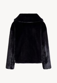 Czarna pluśniowa kurtka z sztucznego futra z długimi rękawami i szerokim kołnierzem, pokazana z tyłu na białym tle.