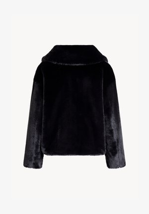 Czarna pluśniowa kurtka z sztucznego futra z długimi rękawami i szerokim kołnierzem, pokazana z tyłu na białym tle.