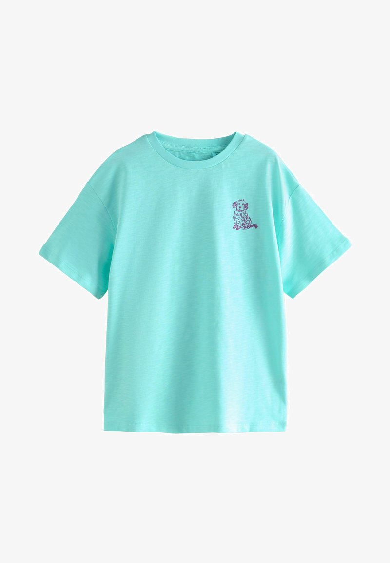 Mintgrøn bomulds t-shirt med korte ærmer og en afslappet pasform. Har et lilla broderet hundedesign på venstre brystområde.