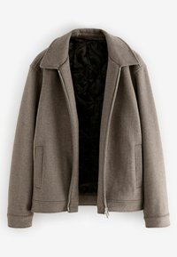 Braune Jacke mit Reißverschluss vorne und breitem Kragen, aus strukturiertem Stoff gefertigt. Verfügt über zwei Seitentaschen und ein schwarzes Innenfutter.