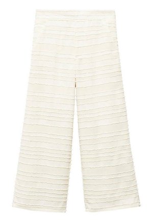 Pantalon en tissu blanc cassé avec un motif de rayures ondulées texturées. Design à jambes larges avec une coupe ample. Taille élastique pour le confort.