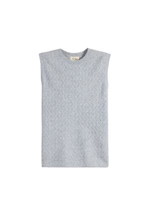 Light blue cable-knit sleeveless sweater vest with a round neckline and a "GOBI" label inside the collar.