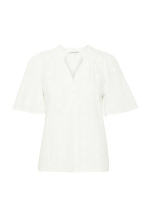 Blusa bianca a maniche corte con scollatura a V, caratterizzata da un tessuto testurizzato con righe verticali e tre bottoni frontali per la chiusura.