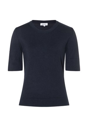 Dunkelmarineblaues Strickoberteil mit kurzen Ärmeln, Rundhalsausschnitt und tailliertem Schnitt.