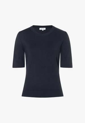 Dunkelmarineblaues Strickoberteil mit kurzen Ärmeln, Rundhalsausschnitt und tailliertem Schnitt.