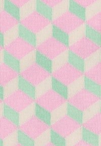 Pink, green, and beige knitted fabric with a repeating 3D cube pattern creating a geometric optical illusion.