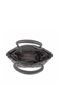 Zwarte leren handtas met gewatteerd ontwerp, voorzien van twee afgeronde handvatten, ritssluiting en een binnenvak. De binnenkant is gevoerd met stof.