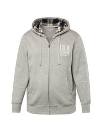 Sudadera con cremallera gris con capucha forrada de cuadros. Presenta bolsillos frontales y un estampado que dice "USA Denim" en el pecho. Material de mezcla de algodón.