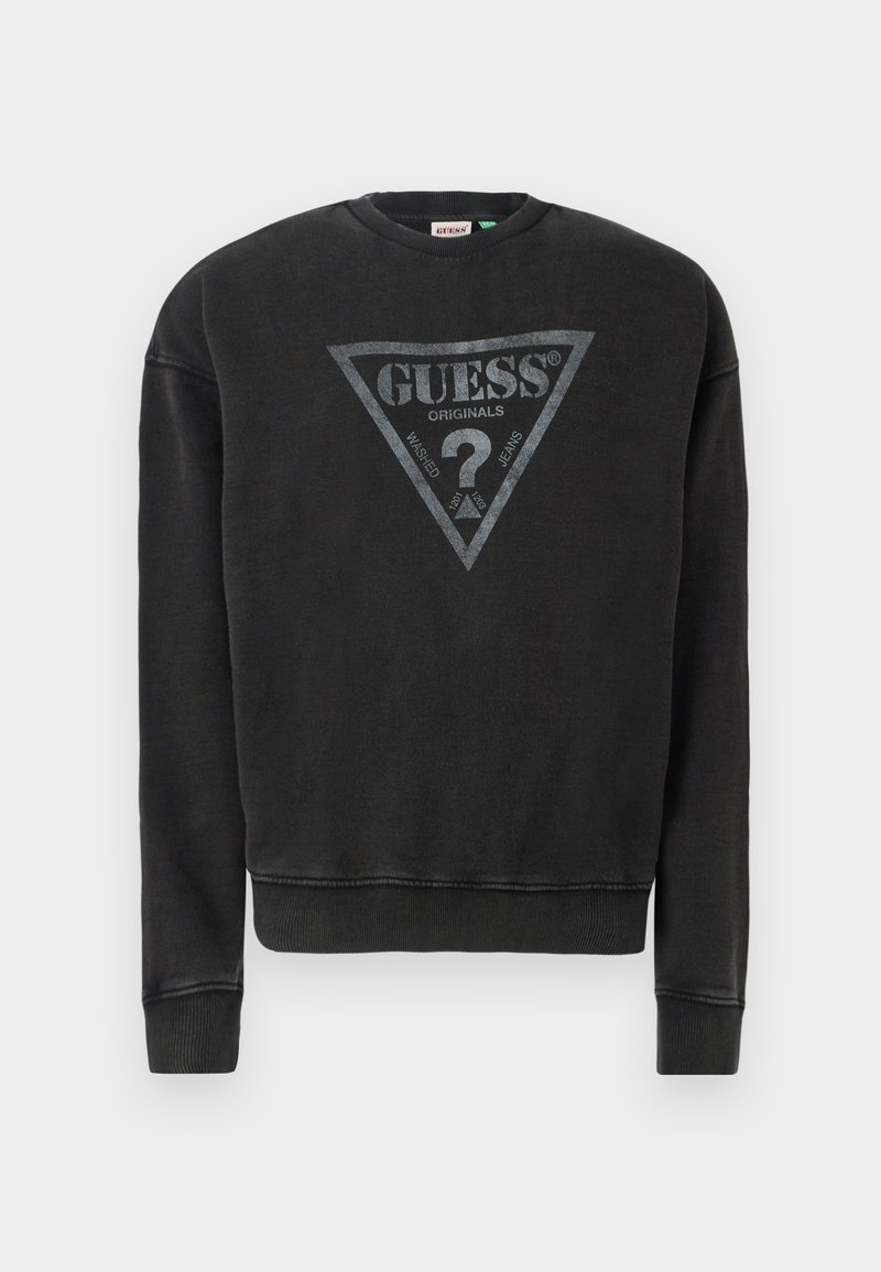 Felpa nera con logo grigio triangolare che presenta la scritta "GUESS" e "ORIGINALS". Polsini e orlo a costine con una morbida texture.