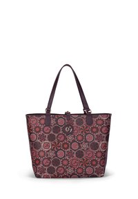 Tote taske med et multicolorer geometrisk mønster i nuancer af burgunder og pink, med mørklilla håndtag og et rundt logo-accent.
