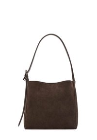 Brown suede handbag with a smooth, textured surface, a curved top, and a single shoulder strap. Durable construction with minimal hardware.