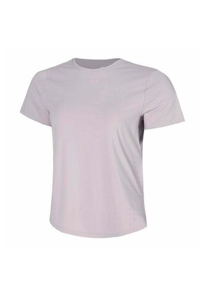 Maglietta sportiva di un leggero colore lavanda realizzata in tessuto leggero, con maniche corte e piccole perforazioni sui lati per favorire la traspirabilità.