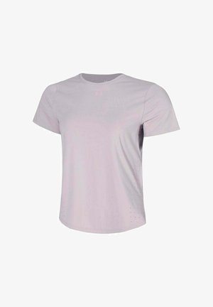 Jasnofioletowa koszulka sportowa wykonana z lekkiego materiału, z krótkimi rękawami i małymi perforacjami po bokach dla lepszej wentylacji.