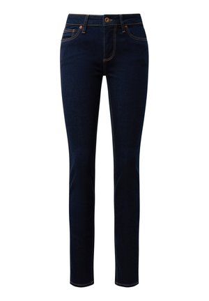 Jean en denim bleu foncé avec coupe slim, coutures orange, cinq poches et fermeture à bouton. Fabriqué en matière extensible pour plus de confort.