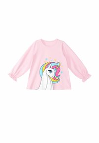 Rosa Langarmshirt mit Puffärmeln. Hat ein Einhorn-Motiv mit mehrfarbigem Mähnen und umgebenden Sternen. Aus weichem Baumwollmaterial.