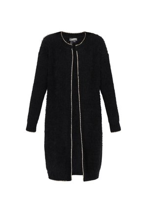 Czarny, długi kardigan wykonany z teksturowanego, puszystego materiału, z złotą lamówką wzdłuż otwartego przodu i mankietów. Długie rękawy, bez zapięć.