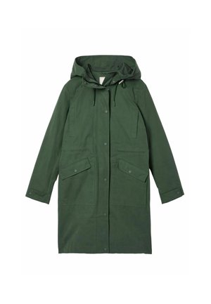 Grüne kapuzenparka-Jacke mit einem durchgehenden Reißverschluss, einer verstellbaren Kapuze und zwei großen Klappentaschen mit Druckknöpfen. Glatte Stoffoberfläche.