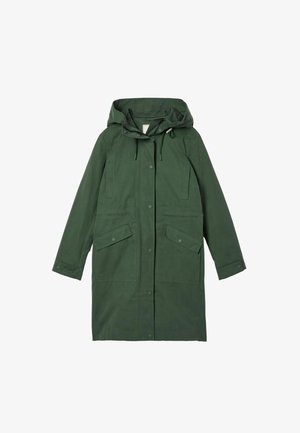 Green hooded parka coat featuring a front zip closure, drawstring hood, and two large flap pockets with snap fasteners. Smooth fabric texture.