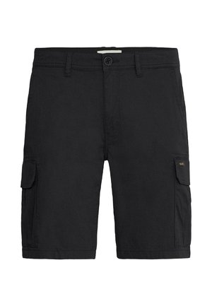 Black cargo shorts made from lightweight fabric, featuring multiple side pockets, a button closure, and a straight cut.