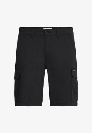 Shorts cargo noirs en tissu léger, dotés de plusieurs poches latérales, d'une fermeture à bouton et d'une coupe droite.
